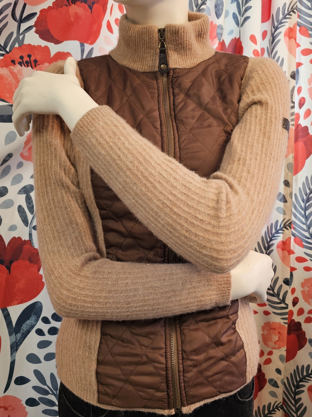 Vintage Dover Saddlery Quilted Front Zip Beige and Brown Women's Sweater